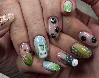 Forest Spirit Inspired Press On Nails, Cute Anime Style Nail Art, Totoro Vibe Nails, Hand Painted Long Oval Nails, Green Nature Nails