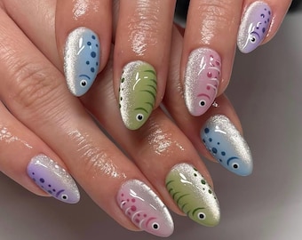 Kawaii Fish Press On Nails | Cute Animal Nail Art | Pastel Ocean Theme Fake Nails | Silver Cat Eye Almond Nails | Summer Vacation Nails