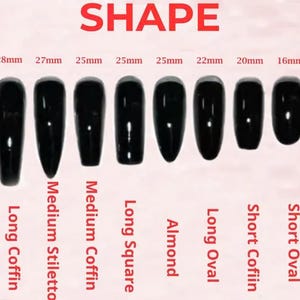 May include: A display of black press-on nails in various shapes and lengths, including Long Stiletto, Long Coffin, Medium Stiletto, Medium Coffin, Long Square, Almond, Long Oval, Short Coffin, Short Oval, and Short Square. Each nail shape is labeled with its name and length in millimeters.
