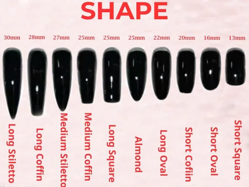 May include: A display of black press-on nails in various shapes and lengths, including Long Stiletto, Long Coffin, Medium Stiletto, Medium Coffin, Long Square, Almond, Long Oval, Short Coffin, Short Oval, and Short Square. Each nail shape is labeled with its name and length in millimeters.