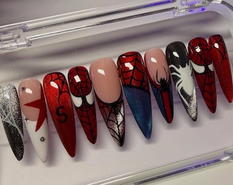 Spiderman Inspired Press Ons, Red Glitter Spiderweb Fake Nails, Black Spider Comic Book Custom Stiletto False Nails, Y2K Grunge Nails