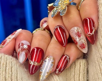 Christmas Rose Luxury Press On Nails, Gold Leaf Holiday Nails, Festive Pearl Accent Nail Art, Winter Party Nails, Red Glitter Holiday Nails