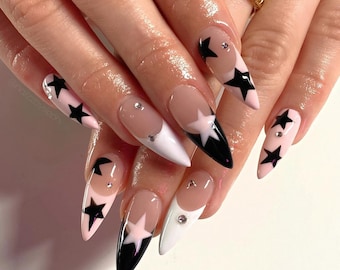 Y2K Star Press On Nails, Black and White French Tip Fake Nails, Rhinestone Stiletto Nails, Reusable Hard Gel Custom Nails