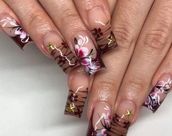 Luxury Floral Press On Nails | Red Wine & Brown Nail Set | Hand Painted Flower Nails | Elegant Long Square Nails, Fall Nails