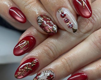 Uñas postizas para conciertos de BTS / Uñas postizas para fans del Kpop / Diseño de uñas 3D cromado rojo y dorado / Uñas postizas de regalo para fans del Kpop / Uñas reutilizables estilo coreano