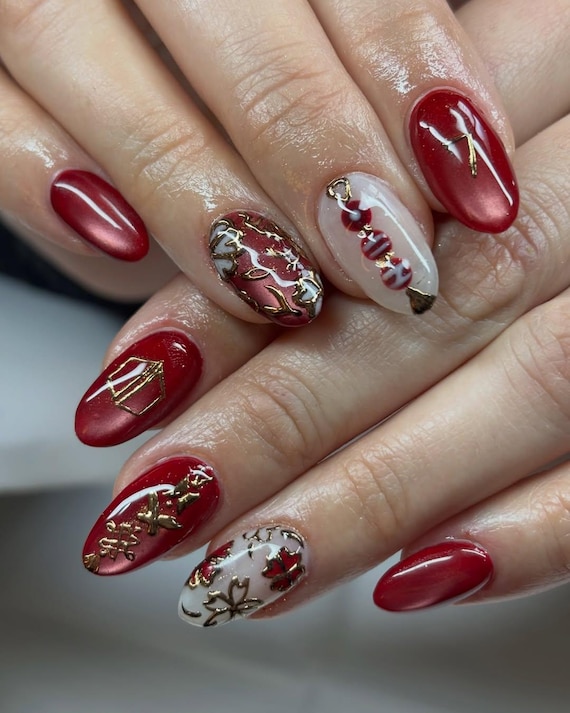 BTS Concert Press On Nails | Kpop Army Fake Nails | Red Gold 3D Chrome Nail Art | Kpop Fan Gift Press Ons | Korean Style Reusable Nails