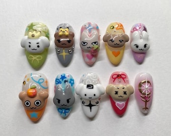 Kawaii Cute Character Press On Nails, 3D Cartoon Charms Nails, Handmade Cute Nail Set, Pastel Soft Girl Nails, Decoden Japanese Style Nails