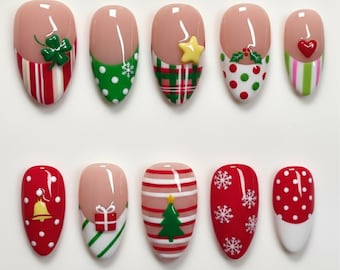 Christmas Press On Nails | Red and Green Holiday Nail Set | Cute 3D Christmas Tree, Gift, Bell & Snowflake Nails | Festive Winter Nail Art