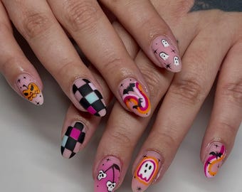 Pink Halloween Press On Nails | Cute Ghost Fake Nails | Retro Checkerboard Art | Mismatched Pastel Spooky Custom Reusable Nails