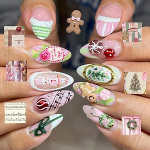 May include: A set of Christmas-themed nail art designs. The nails feature various festive elements, including gingerbread men, candy canes, Christmas trees, and musical notes, all in a palette of pink, white, and green.