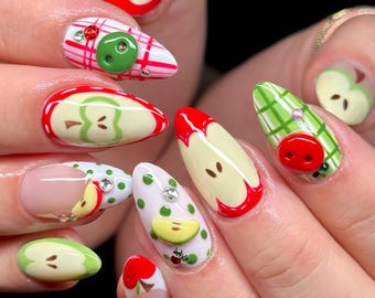 Cute Apple Press On Nails, Red & Green Fruit Nail Art, 3D Button Design, Kawaii Handmade Nails, Glossy Almond Set