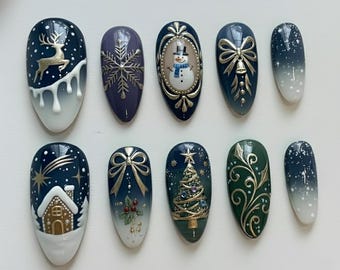 Elegant Christmas Press On Nails | Luxury Blue Green Gold Winter Nails | 3D Snowflake, Reindeer, Tree & Snowman Nail Set | Gift for Her