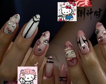 Sukuna x Hello Kitty Press On Nails, Jujutsu Kaisen Anime Fake Nails, 3D Kawaii Kitty Charm Almond Nails, JJK Pink and Black False Nails