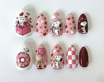 Uñas postizas de Snoopy Valentine pintadas a mano, set de uñas kawaii con dibujos animados