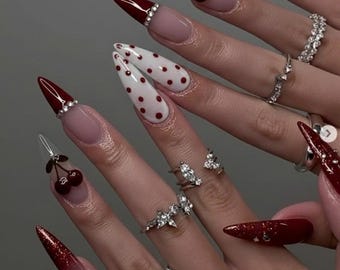 Red Cherry Press On Nails, Luxury Stiletto Nails with Polka Dot Accent, Glam Burgundy French Tip Nails