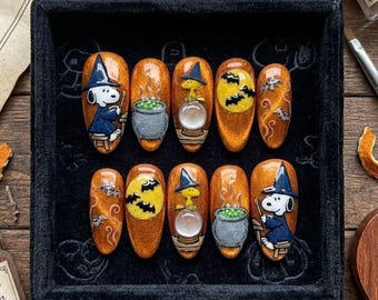 Snoopy Halloween Press On Nails, Orange Glitter Witch Nails, Woodstock Bat Moon Nails, Cauldron Gothic Fake Nails, Spooky Nails Gift for Her