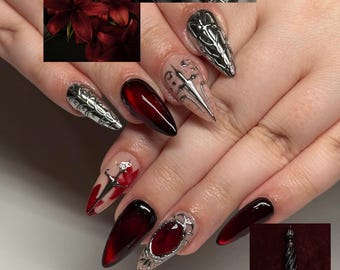 Astarion Inspired Press On Nails | BG3 Vampire Fake Nails | Dark Red Cat Eye 3D Silver Chrome Nails | Cosplay Gothic Custom Fake Nails