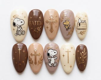 Retro Snoopy Press On Nails, Brown Beige Faith Cross Fake Nails, Gold Chrome Christian Nail Art