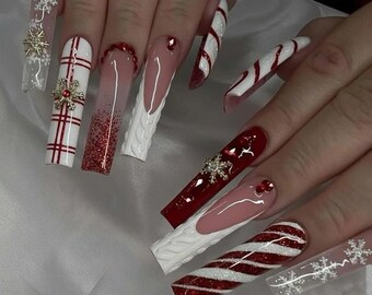 Christmas Candy Cane Nails, Red Glitter Press On Nails with White Sweater Knit,  Plaid Holiday Design, Extra Long Coffin Winter Nails