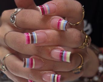 Retro Striped French Tip Press On Nails,  70s Aesthetic Colorful Line Fake Nails , Y2K Medium Square Custom Reusable