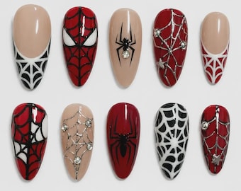 Superhero Press On Nails | 3D Silver Spider Web Fake Nails | Red Comic Book Art | Rhinestone Mismatched Custom Reusable Nails