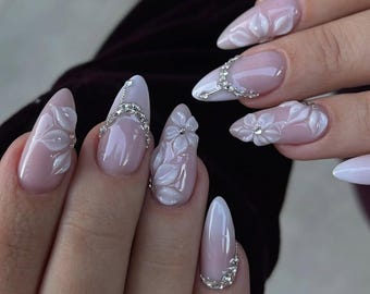 White Floral Press On Nails • Elegant Bridal Nails • Pearl Accent Nails • Elegant Milky Press On • Custom Luxury Gel Nail Set for Weddings