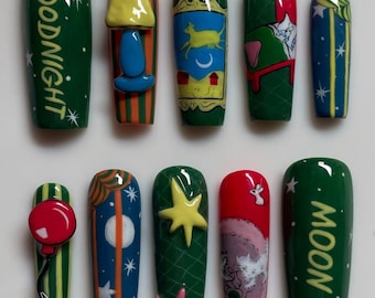 Goodnight Moon Press On Nails, Cute Bedtime Story Nail Art, Kawaii Green Handmade Nails, Whimsical Y2K Design, Handmade Aesthetic Set