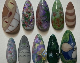 Forest Spirit Press On Nails, Hand-Painted Cute Creatures & Floral Art, Fantasy Nature Almond Nails, Artistic Woodland Nail Set