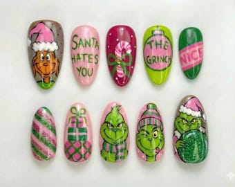 Grinch Christmas Press On Nails, Hand-Painted Grinch Art, Pink & Green Holiday Fake Nails, Cute Xmas Gift Nails, Reusable Nail Set