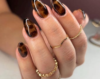 Tortoise brown fall nails, Luxury Amber Brown Gel Nail Set, Almond nails, Autumn nails