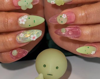 Cute Smiski 3D Press On Nails, Jelly Pink & Green Nails with Flowers, Cartoon Character Nails, Kawaii Aesthetic Nails