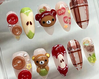 Rilakkuma and Apple-Themed Press On Nails, Cute 3D Handmade Nail Art, Apple and Bear on Fake Nails, Cartoon Bear Nails, Kawaii Nails