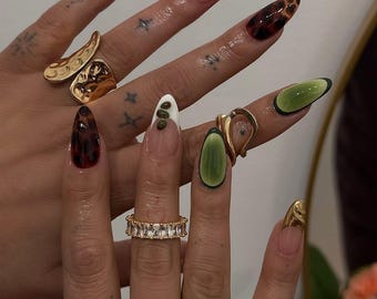 Luxury Earth Tone Press On Nails, Olive Green Tortoiseshell Nails, Gold Accent Almond Nails, Handmade Reusable Nail Set