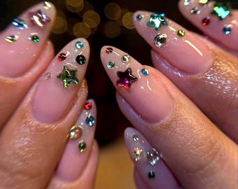 Luxury Rhinestone French Tip Nails, Cute Glam Press On Nails, Custom Press On Nails, Sparkly Crystal Nails, Acrylic nails, Christmas nails