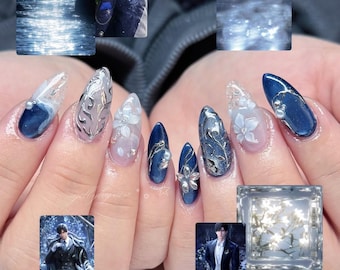 Zayne Inspired Press On Nails | Love and Deepspace Fake Nails | Blue Cat Eye 3D Silver Chrome | 3D White Flower Press Ons