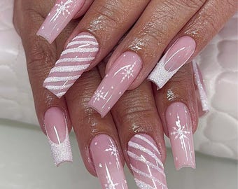 Elegant Christmas Press On Nails, Pink Winter Snowflake Press-On Nails, Candy Cane Striped Nail Art,  Holiday Nails, Pink Christmas Nais