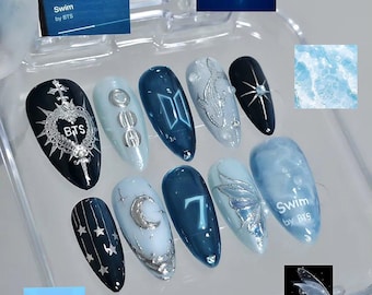 BTS Arirang Comeback Press On Nails, Swim Deep Blue Water Ripple, 3D Silver Chrome Whale Fake Nails, Army Fan Gift Custom Reusable Nails