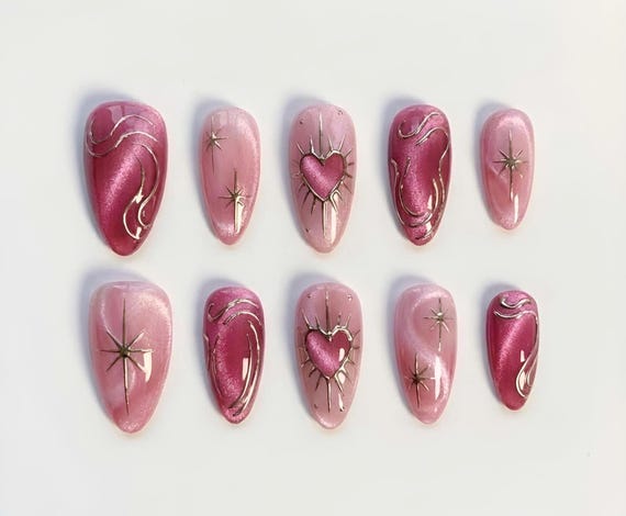Pink Chrome Heart Press On Nails, Romantic Star Nail Art, Coquette Aesthetic Almond Nails, Handmade Luxury Fake Nails