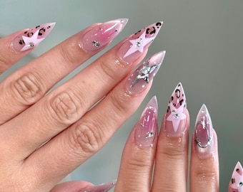 Pink Aura Press On Nails, 3D Chrome Star Fake Nails | Leopard Print Star Art | Y2K Gyaru Aesthetic Nails, Reusable Hand Painted Nails