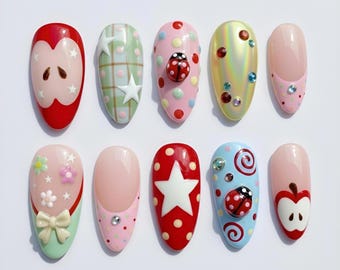 Cute Y2K Press On Nails Set, Colorful Kawaii Nail Art, 3D Charm Nails, Handmade Reusable Fake Nails
