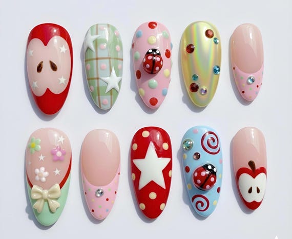 Cute Y2K Press On Nails Set, Colorful Kawaii Nail Art, 3D Charm Nails, Handmade Reusable Fake Nails