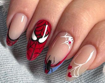 Spider Superhero Press On Nails, Red Web French Tip Fake Nails, Comic Book Cosplay Nail Art, Action Movie Cosplay Custom Reusable Nails