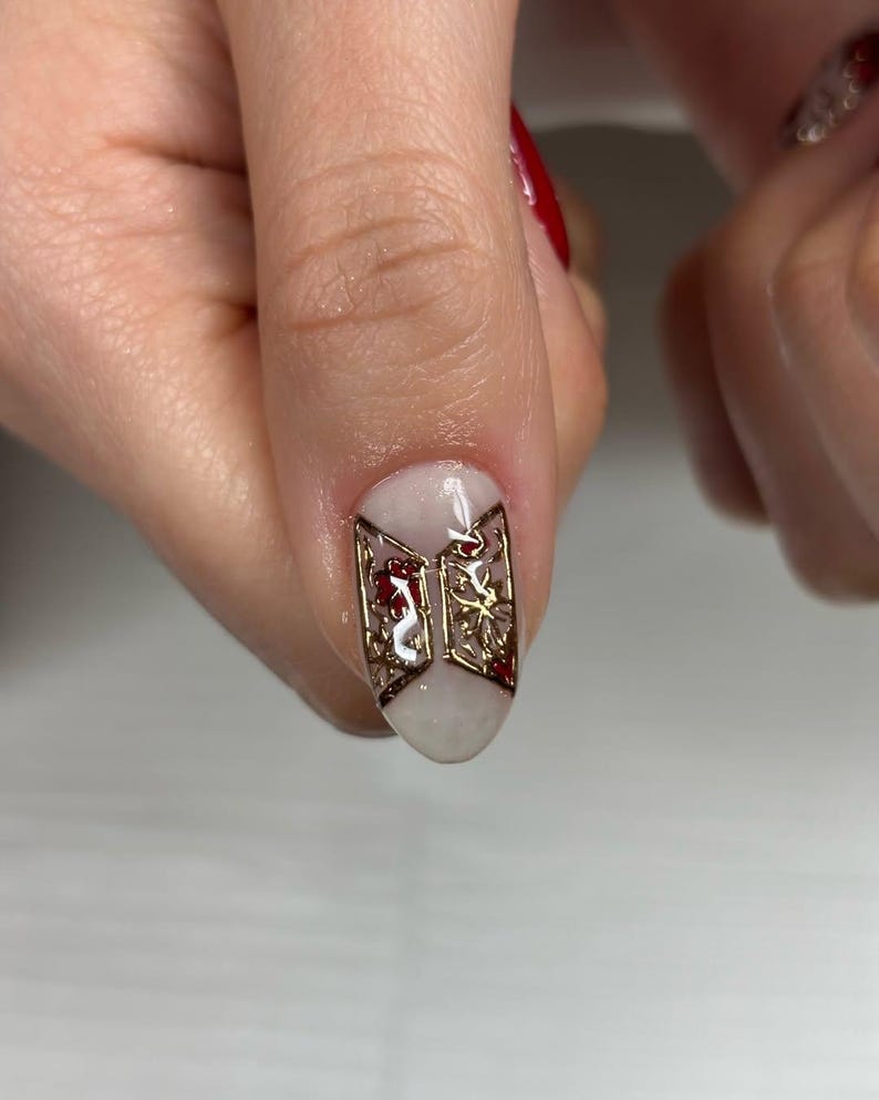 BTS Concert Press On Nails | Kpop Army Fake Nails | Red Gold 3D Chrome Nail Art | Kpop Fan Gift Press Ons | Korean Style Reusable Nails image 3