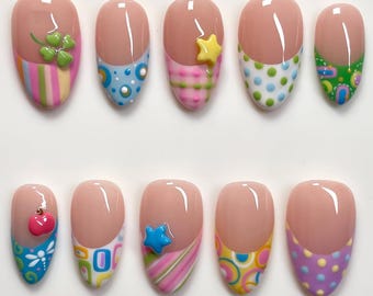 Y2K French Tip Polka Dot Press On Nails, Cute Colorful Pastel Nail Set with 3D Stars & Hearts, Funky 2000s Nail Art, Summer nails