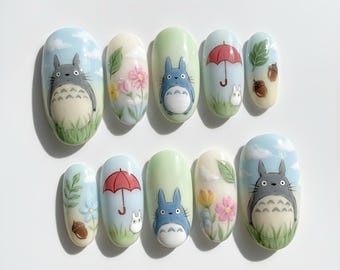 Totoro inspiriert Drücken Sie auf die Nägel, süße handgemalte Naturnagelkunst, Studio Ghibli Style Nägel, handgemalte Pastell Naturnägel