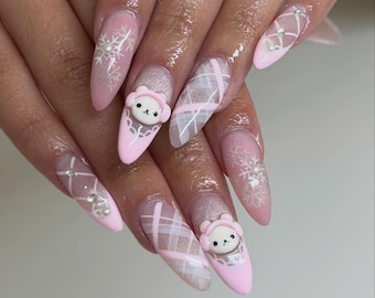 Rilakkuma Winter Pink Press On Nails | Kawaii Bear Christmas Nails | 3D Cute Snowflake Nails | Long Almond Pink Plaid Holiday Nails