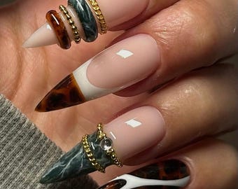 Luxury Tortoiseshell Press On Nails, Marble Stiletto Nails with Gold Chain & Rhinestones, Y2k nails