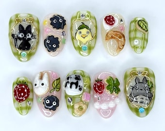 3D Studio Ghibli Press On Nails, Totoro, Jiji, Soot Sprites, Forest Leaves & Cute Food ,Green Jelly Nail Art Set, Kawaii  Reusable Nails