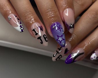Justin Bieber Coachella Press On Nails, Purple Y2K Star Cheetah Print Fake Nails, Silver Chrome I Love JB Concert Festival Nails