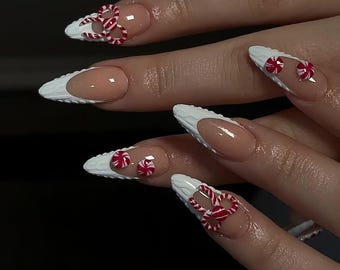 Sweater Knit Christmas Press On Nails, Cute Christmas Candy Nails, 3D Peppermint Candy Accents, Holiday French Tip Nail Art